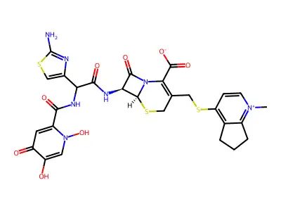 5H-1-Pyrindinium, 6,7-dihydro-4-(((7-(((2-amino-4-thiazolyl)((1,4-dihydro-1,5-dihydroxy-4-oxo-2-pyridinyl)carbonyl)amino)acetyl)amino)-2-carboxy-8-oxo-5-thia-1-azabicyclo(4.2.0)oct-2-en-3-yl)methyl)thio)-1-methyl-, hydroxide, inner salt, (6R-(6-alpha,7-beta))- structure