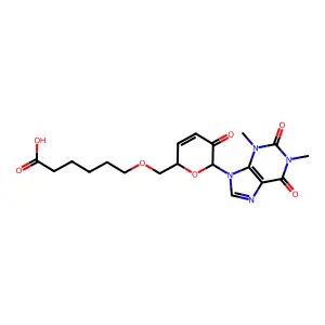 7-(6-O-(5-carboxypentyl)-3,4-dideoxyhex-3-enopyranosyl-2-ulose)theophylline structure