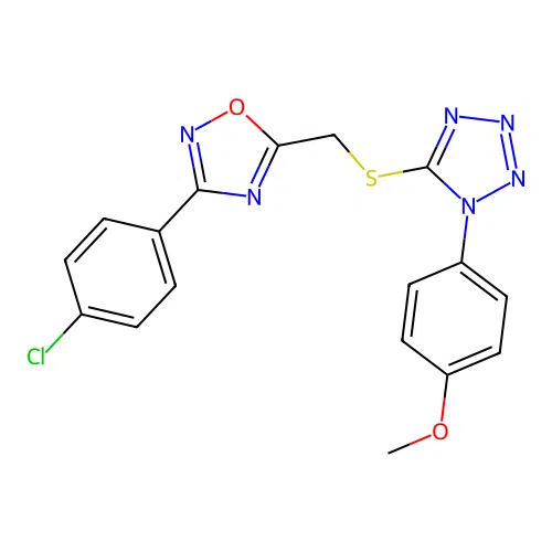 5-({[3-(4-chlorophenyl)-1,2,4-oxadiazol-5-yl]methyl}sulfanyl)-1-(4-methoxyphenyl)-1H-tetrazole structure