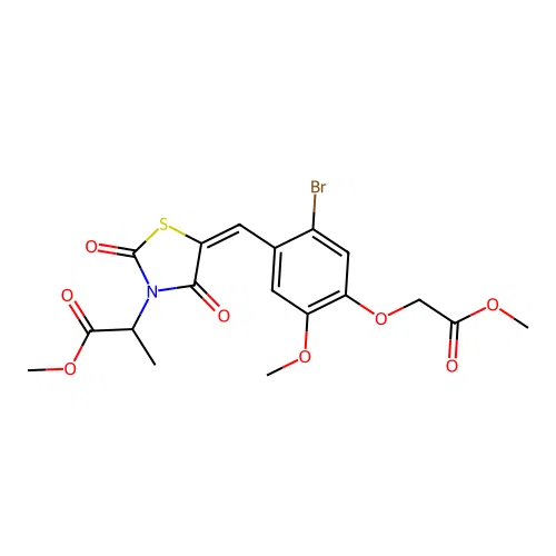 methyl 2-{(5E)-5-[2-bromo-5-methoxy-4-(2-methoxy-2-oxoethoxy)benzylidene]-2,4-dioxo-1,3-thiazolidin-3-yl}propanoate structure