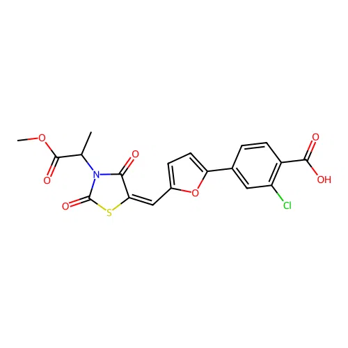 2-chloro-4-[5-[(E)-[3-(1-methoxy-1-oxopropan-2-yl)-2,4-dioxo-1,3-thiazolidin-5-ylidene]methyl]furan-2-yl]benzoic acid structure