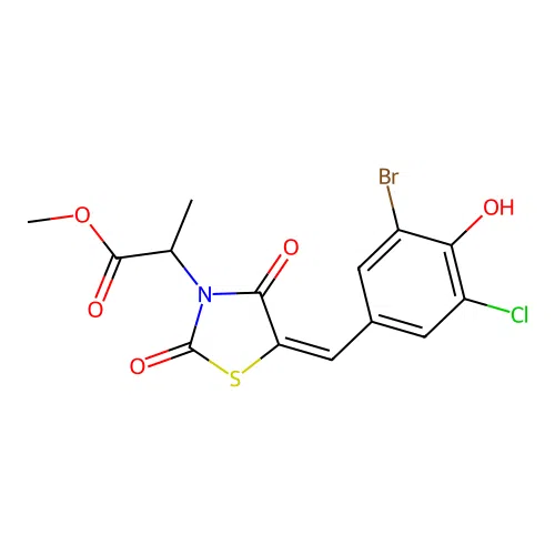 methyl 2-[(5E)-5-(3-bromo-5-chloro-4-hydroxybenzylidene)-2,4-dioxo-1,3-thiazolidin-3-yl]propanoate structure
