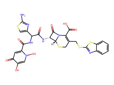 5-Thia-1-azabicyclo(4.2.0)oct-2-ene-2-carboxylic acid, 7-(((2-amino-4-thiazolyl)(((1,4-dihydro-1,5-dihydroxy-4-oxo-2-pyridinyl)carbonyl)amino)acetyl)amino)-3-((2-benzothiazolylthio)methyl)-8-oxo-, (6R-(6-alpha,7-beta))- structure