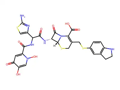 5-Thia-1-azabicyclo(4.2.0)oct-2-ene-2-carboxylic acid, 7-(((2-amino-4-thiazolyl)(((1,4-dihydro-1,5-dihydroxy-4-oxo-2-pyridinyl)carbonyl)amino)acetyl)amino)-3-(((2,3-dihydro-1H-indol-5-yl)thio)methyl)-8-oxo-, (6R-(6-alpha,7-beta))- structure