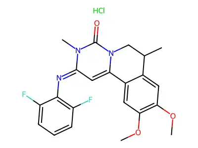 4H-Pyrimido(6,1-a)isoquinolin-4-one, 2,3,6,7-tetrahydro-2-((2,6-difluorophenyl)imino)-9,10-dimethoxy-3,7-dimethyl-, monohydrochloride, (+-)- structure