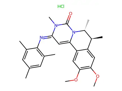 4H-Pyrimido(6,1-a)isoquinolin-4-one, 2,3,6,7-tetrahydro-9,10-dimethoxy-3,6,7-trimethyl-2-((2,4,6-trimethylphenyl)imino)-, monohydrochloride, (6R-trans)- structure