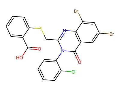 Benzoic acid, 2-(((6,8-dibromo-3-(2-chlorophenyl)-3,4-dihydro-4-oxo-2-quinazolinyl)methyl)thio)- structure