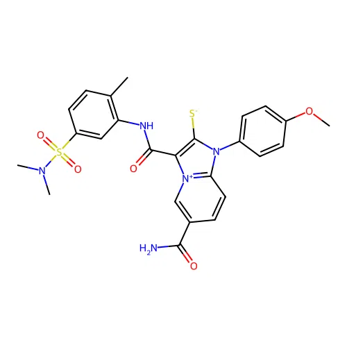 (Z)-[6-carbamoyl-1-(4-methoxyphenyl)-2-sulfanylideneimidazo[1,2-a]pyridin-4-ium-3-ylidene]-[5-(dimethylsulfamoyl)-2-methylanilino]methanolate structure