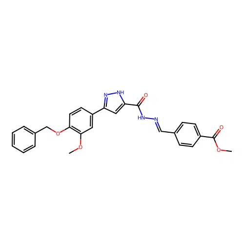 (E)-methyl 4-((2-(3-(4-(benzyloxy)-3-methoxyphenyl)-1H-pyrazole-5-carbonyl)hydrazono)methyl)benzoate structure