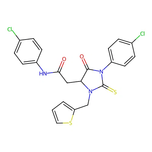 N-(4-chlorophenyl)-2-[1-(4-chlorophenyl)-5-oxo-3-(thiophen-2-ylmethyl)-2-thioxoimidazolidin-4-yl]acetamide structure
