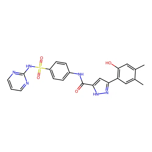 5-(2-hydroxy-4,5-dimethylphenyl)-N-[4-(pyrimidin-2-ylsulfamoyl)phenyl]-1H-pyrazole-3-carboxamide structure