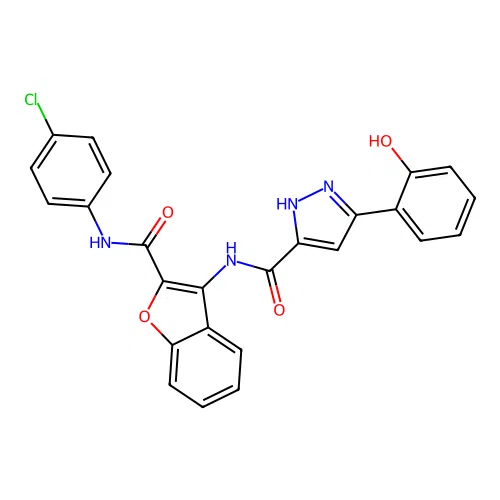 N-{2-[(4-chlorophenyl)carbamoyl]-1-benzofuran-3-yl}-3-(2-hydroxyphenyl)-1H-pyrazole-5-carboxamide structure