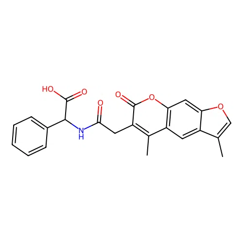 2-(2-(3,5-dimethyl-7-oxo-7H-furo[3,2-g]chromen-6-yl)acetamido)-2-phenylacetic acid structure