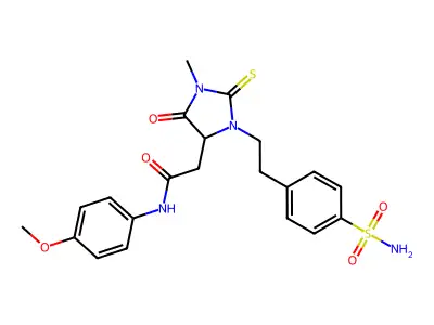 N-(4-methoxyphenyl)-2-[1-methyl-5-oxo-3-[2-(4-sulfamoylphenyl)ethyl]-2-sulfanylideneimidazolidin-4-yl]acetamide structure