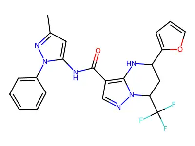 5-(furan-2-yl)-N-(3-methyl-1-phenyl-1H-pyrazol-5-yl)-7-(trifluoromethyl)-4,5,6,7-tetrahydropyrazolo[1,5-a]pyrimidine-3-carboxamide structure