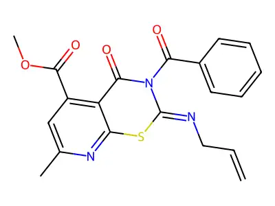 2H-Pyrido(3,2-e)-1,3-thiazine-5-carboxylic acid, 3,4-dihydro-3-benzoyl-7-methyl-4-oxo-2-(2-propenylimino)-, methyl ester structure