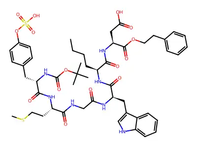 t-butyloxycarbonyl-(sulfo-Tyr)-Met-Gly-Trp-Nle-Asp 2-phenylethyl ester structure