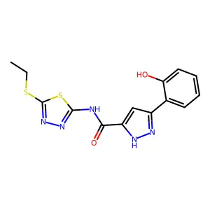N-[5-(ethylsulfanyl)-1,3,4-thiadiazol-2-yl]-3-(2-hydroxyphenyl)-1H-pyrazole-5-carboxamide structure