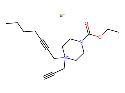 4-(Ethoxycarbonyl)-1-(hept-2-yn-1-yl)-1-(prop-2-yn-1-yl)piperazin-1-ium bromide structure