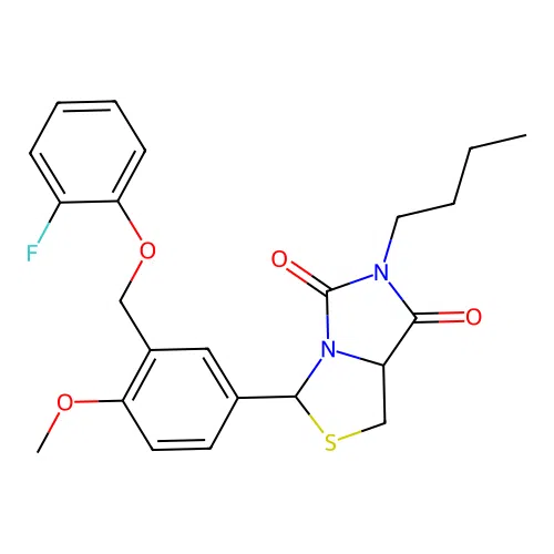 6-butyl-3-(3-((2-fluorophenoxy)methyl)-4-methoxyphenyl)dihydroimidazo[1,5-c]thiazole-5,7(3H,6H)-dione structure