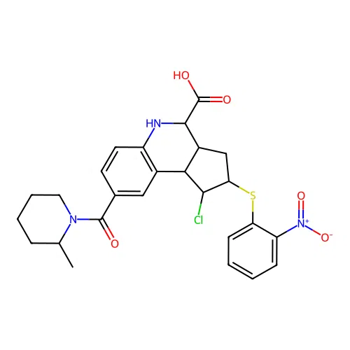 1-chloro-8-((S)-2-methylpiperidine-1-carbonyl)-2-((2-nitrophenyl)thio)-2,3,3a,4,5,9b-hexahydro-1H-cyclopenta[c]quinoline-4-carboxylic acid structure