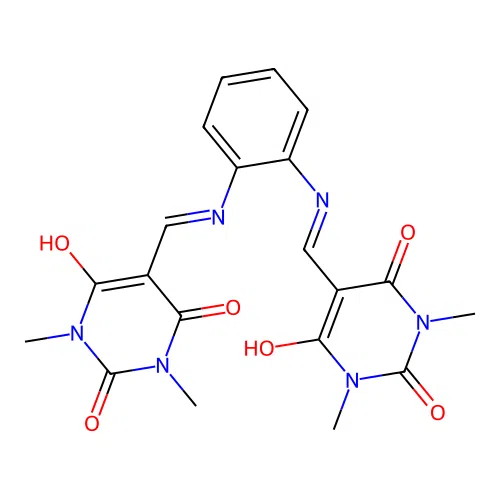 5,5'-((1,2-phenylenebis(azanediyl))bis(methanylylidene))bis(1,3-dimethylpyrimidine-2,4,6(1H,3H,5H)-trione) structure