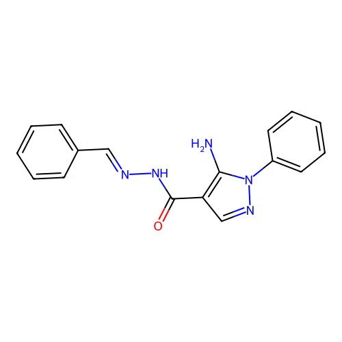 5-amino-N-(benzylideneamino)-1-phenylpyrazole-4-carboxamide structure