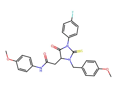 2-(1-(4-fluorophenyl)-3-(4-methoxybenzyl)-5-oxo-2-thioxoimidazolidin-4-yl)-N-(4-methoxyphenyl)acetamide structure