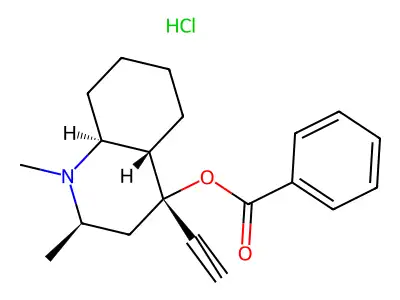 4-Quinolinol, decahydro-1,2-dimethyl-4-ethynyl-, benzoate (ester), hydrochloride, (2-alpha,4-beta,4a-alpha,8a-beta)- structure