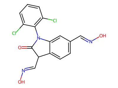 1-(2,6-dichlorophenyl)-3,6-bis(hydroxyiminomethyl)-3H-indol-2-one structure