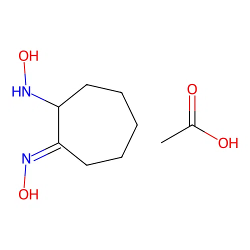 acetic acid;(NE)-N-[2-(hydroxyamino)cycloheptylidene]hydroxylamine structure