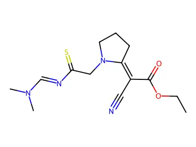 ethyl (2E)-2-cyano-2-[1-[2-(dimethylaminomethylideneamino)-2-sulfanylideneethyl]pyrrolidin-2-ylidene]acetate structure