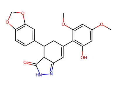 4-(1,3-Benzodioxol-5-yl)-2,3a,4,5-tetrahydro-6-(2-hydroxy-4,6-dimethoxyphenyl)-3-indazolone structure
