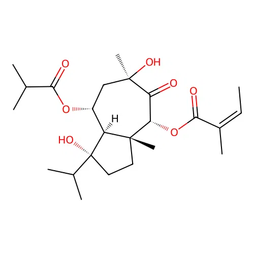 2-Butenoic acid, 2-methyl-, decahydro-1,6-dihydroxy-3a,6-dimethyl-1-(1-methylethyl)-8-(2-methyl-1-oxopropoxy)-5-oxo-4-azulenyl ester, (1S-(1alpha,3aalpha,4beta(Z),6beta,8beta,8abeta))- structure