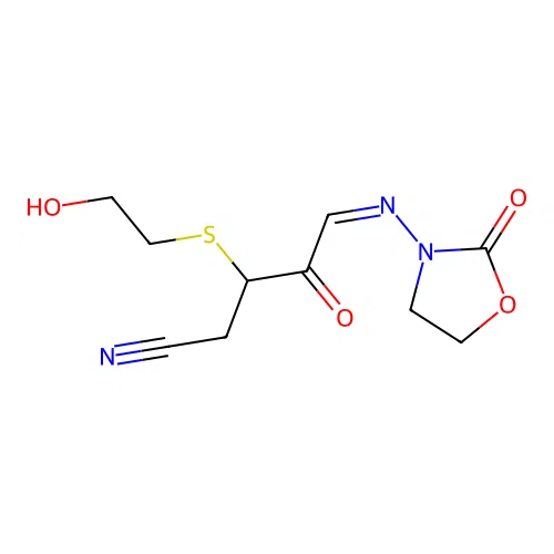 3-(4-Cyano-3-beta-hydroxyethylmercapto-2-oxobutylideneamino)-2-oxazolidone structure