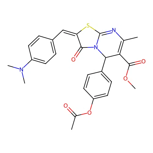 methyl (2E)-5-[4-(acetyloxy)phenyl]-2-[4-(dimethylamino)benzylidene]-7-methyl-3-oxo-2,3-dihydro-5H-[1,3]thiazolo[3,2-a]pyrimidine-6-carboxylate structure