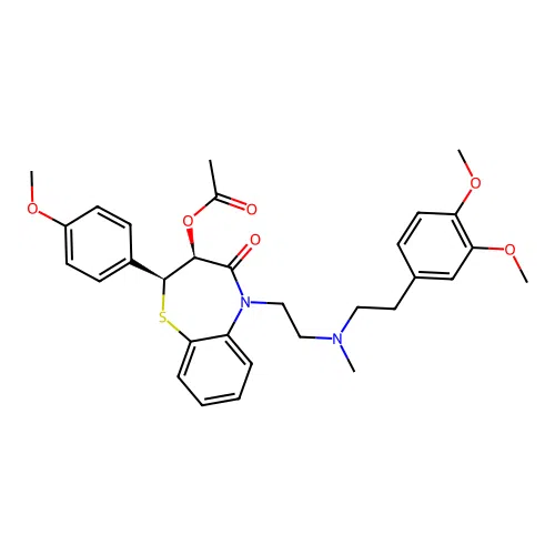 rel-(2R,3R)-3-(Acetyloxy)-5-[2-[[2-(3,4-dimethoxyphenyl)ethyl]methylamino]ethyl]-2,3-dihydro-2-(4-methoxyphenyl)-1,5-benzothiazepin-4(5H)-one structure