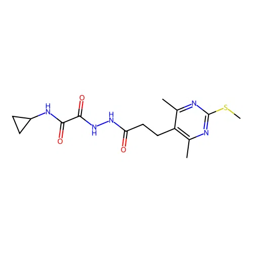 N-cyclopropyl-2-{3-[4,6-dimethyl-2-(methylsulfanyl)pyrimidin-5-yl]propanehydrazido}-2-oxoacetamide structure