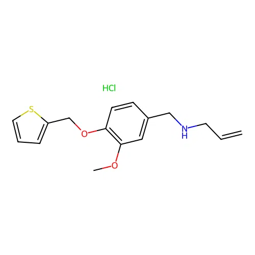 N-(3-methoxy-4-(thiophen-2-ylmethoxy)benzyl)prop-2-en-1-amine hydrochloride structure