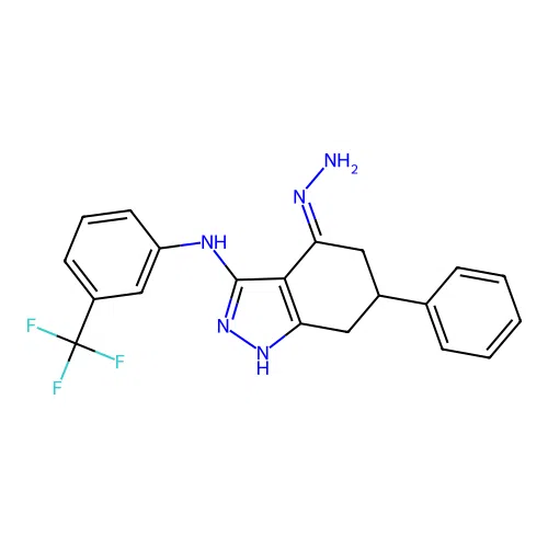 4-Hydrazinylidene-6-phenyl-N-[3-(trifluoromethyl)phenyl]-1,5,6,7-tetrahydroindazol-3-amine structure
