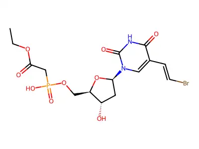 (((2R,3S,5R)-5-(5-((E)-2-Bromo-vinyl)-2,4-dioxo-3,4-dihydro-2H-pyrimidin-1-yl)-3-hydroxy-tetrahydro-furan-2-ylmethoxy}-hydroxy-phosphoryl)-acetic acid ethyl ester structure