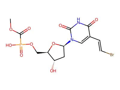 (Methoxycarbonyl) phosphonic acid 1-(5-(E)-(2-bromovinyl)-2,4-dioxo-1,2,3,4-tetrahydropyrimidin-5-yl)-2-deoxy-beta-D-erythro-pentofuranos-5-yl ester structure