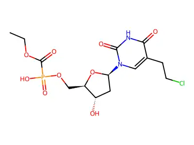 (Ethoxycarbonyl) phosphonic acid 1-(5-(2-chloroethyl)-2,4-dioxo-1,2,3,4-tetrahydropyrimidin-5-yl)-2-deoxy-beta-D-erythro-pentofuranos-5-yl ester structure