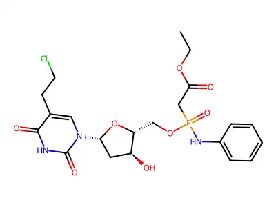 ((1-(5-(2-Chloroethyl)-2,4-dioxo-1,2,3,4-tetrahydropyrimidin-1-yl)-2-deoxy-beta-D-erythro-pentofuranos-5-yl)-oxy)(phenylamino)phosphinecarboxylic acid ethyl ester oxide structure