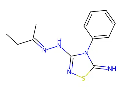 N-(butan-2-ylideneamino)-5-imino-4-phenyl-1,2,4-thiadiazol-3-amine structure