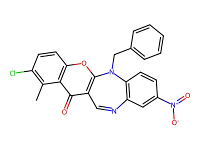 (1)Benzopyrano(2,3-b)(1,5)benzodiazepin-13(6H)-one, 2-chloro-1-methyl-9-nitro-6-(phenylmethyl)- structure
