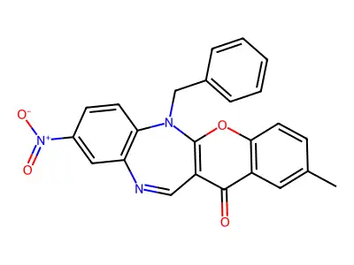 (1)Benzopyrano(2,3-b)(1,5)benzodiazepin-13(6H)-one, 2-methyl-9-nitro-6-(phenylmethyl)- structure
