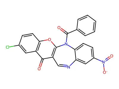 (1)Benzopyrano(2,3-b)(1,5)benzodiazepin-13(6H)-one, 6-benzoyl-2-chloro-9-nitro- structure