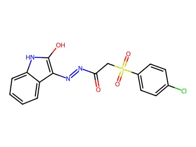 N-(aza(2-oxoindolin-3-ylidene)methyl)-2-((4-chlorophenyl)sulfonyl)ethanamide structure