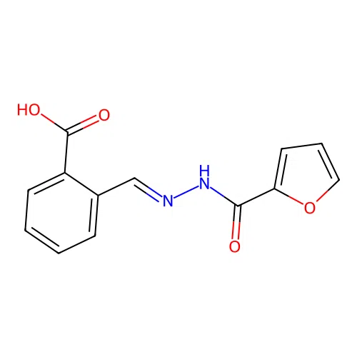 (E)-2-((2-(furan-2-carbonyl)hydrazono)methyl)benzoic acid structure